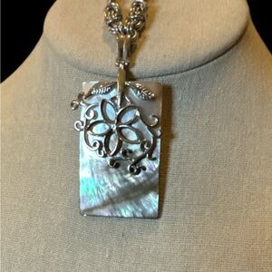 Silvertone Faux Abelone Pendent Necklace with  Floral Filigree. (1-E)